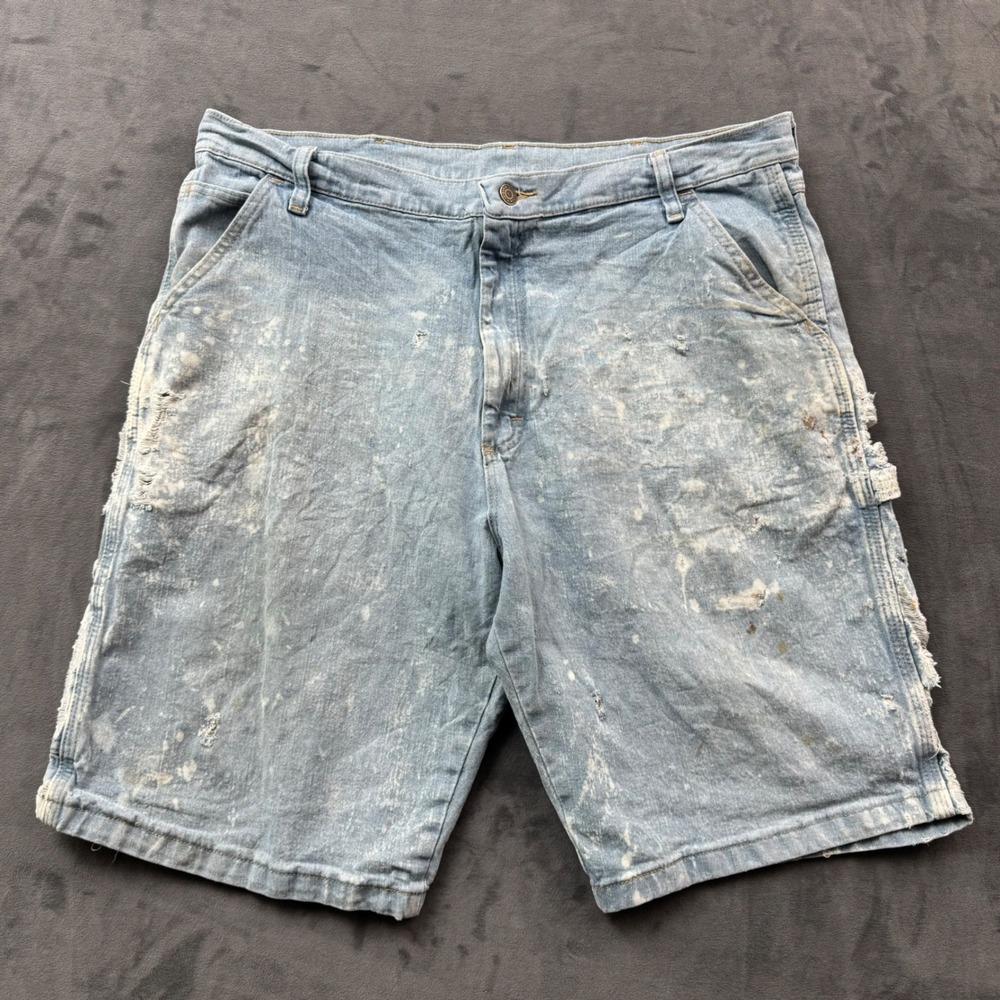 Wrangler Mens Distressed Carpenter Shorts Blue Denim Paint Splatter Size 38